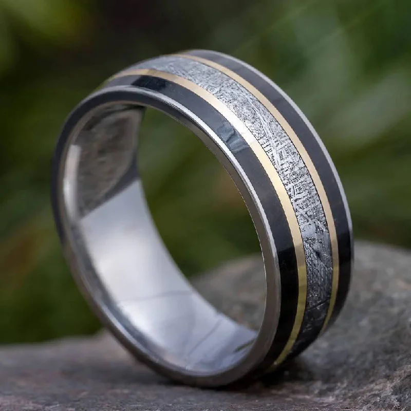 engagement rings with vintage-inspired setting -Ebony Wood Wedding Band with Gibeon Meteorite