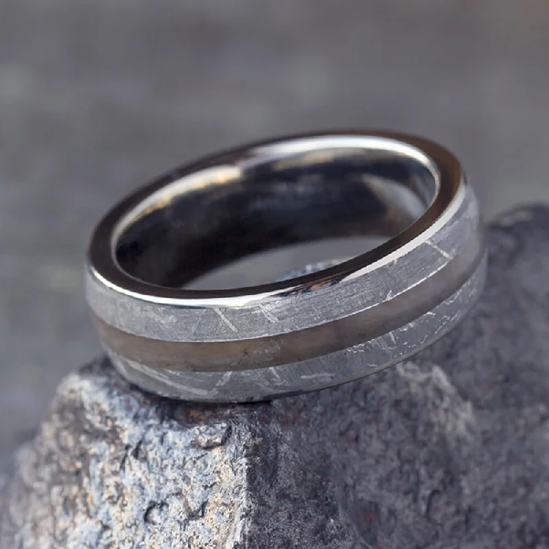 engagement rings with minimalist diamond -Petrified Wood & Meteorite Men's Wedding Band