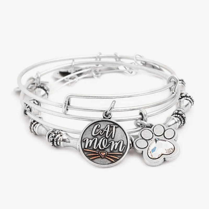 women's bracelets in bold designs -'Cat Mom' Charm Bangle, Set of 3