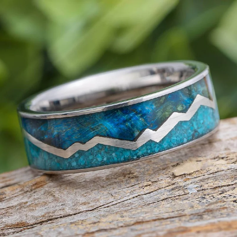 engagement rings with diamond halo -Blue Wedding Band with Turquoise and Wood with Zig Zag Pattern