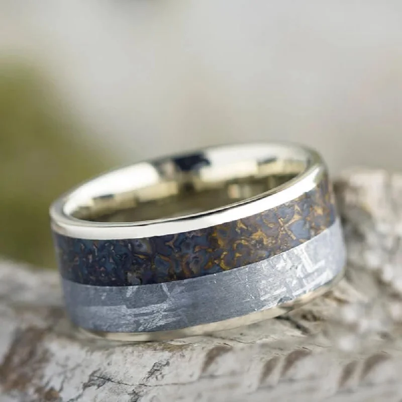 engagement rings for traditional brides -10mm Men's Wedding Band With Meteorite & Dinosaur Bone