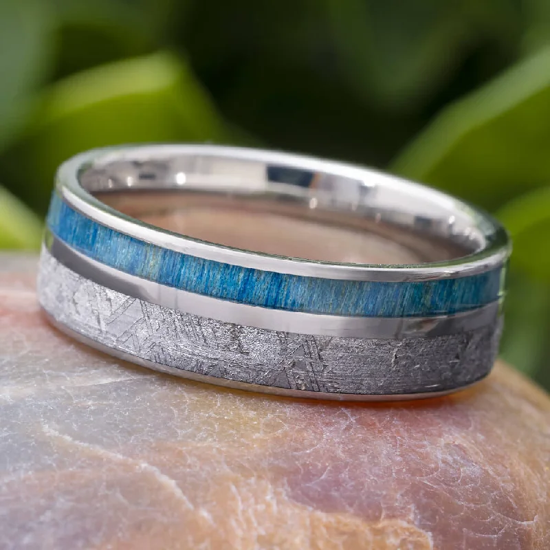 engagement rings with unique band design -Meteorite & Blue Wood Men's Wedding Band with Pinstripe