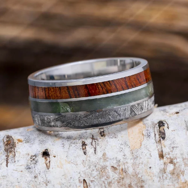 engagement rings with diamonds -Men's Wide Meteorite Wedding Band with Jade and Koa Wood