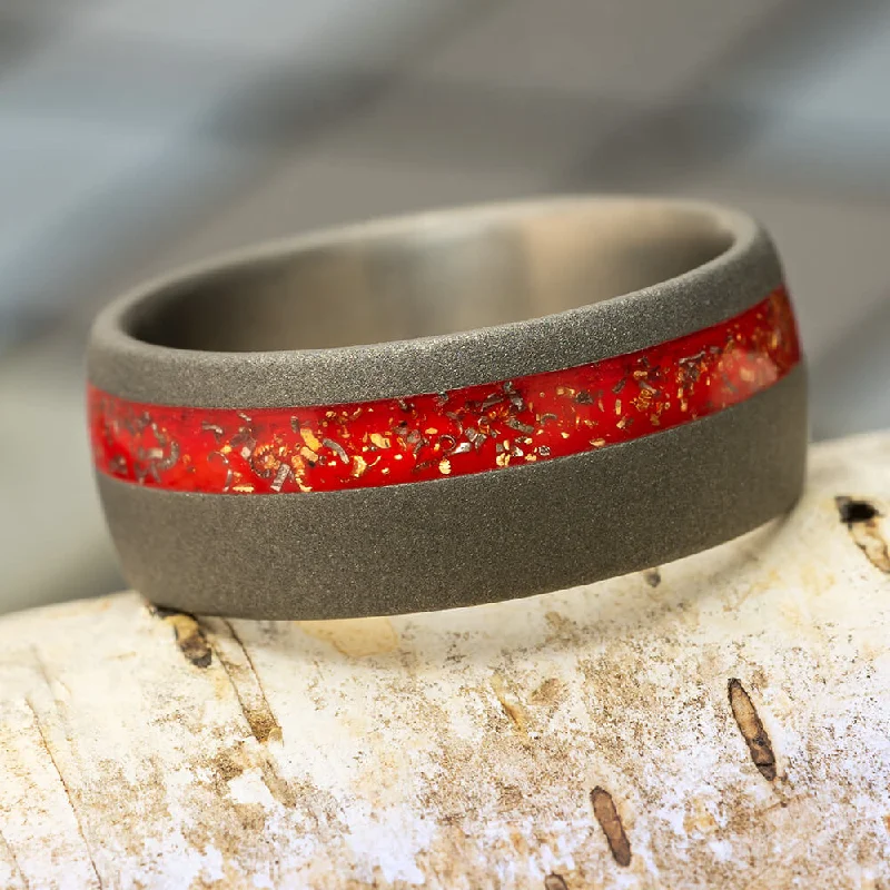 engagement rings with double band -Red Stardust™ Men's Wedding Band In Sandblasted Titanium