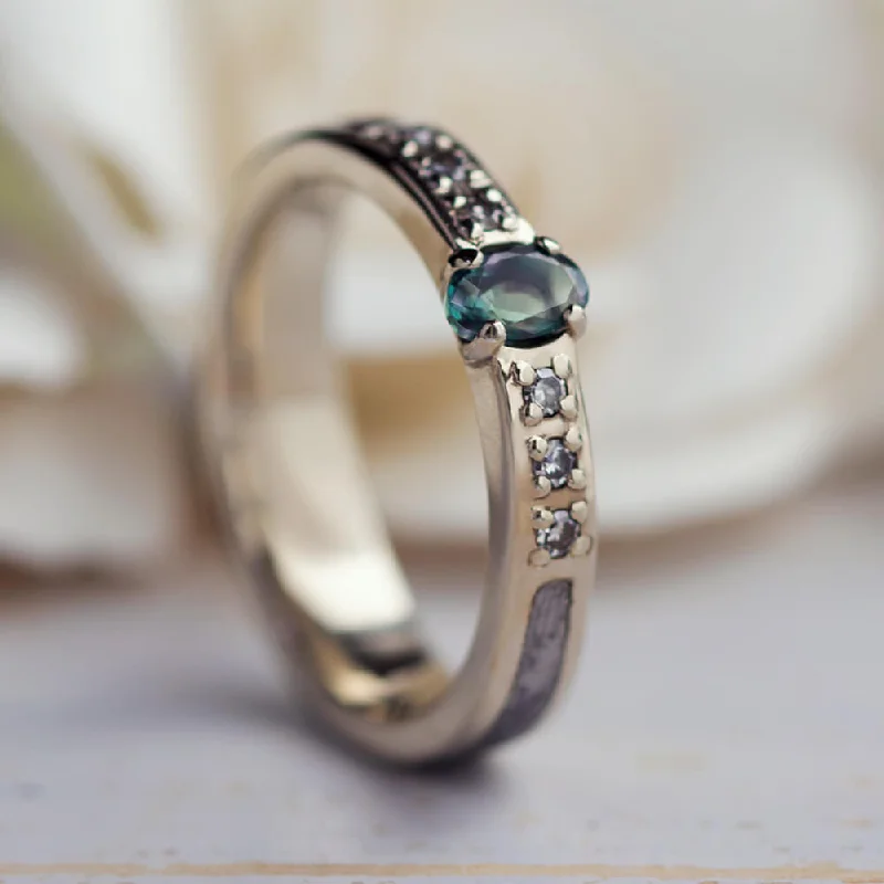 engagement rings with detailed engraving -Alexandrite Wedding Ring With Diamond Accents and Meteorite