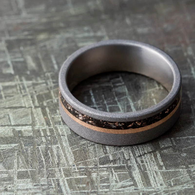 engagement rings for alternative brides -Titanium Black Stardust™ Wedding Band with Gold Pinstripe