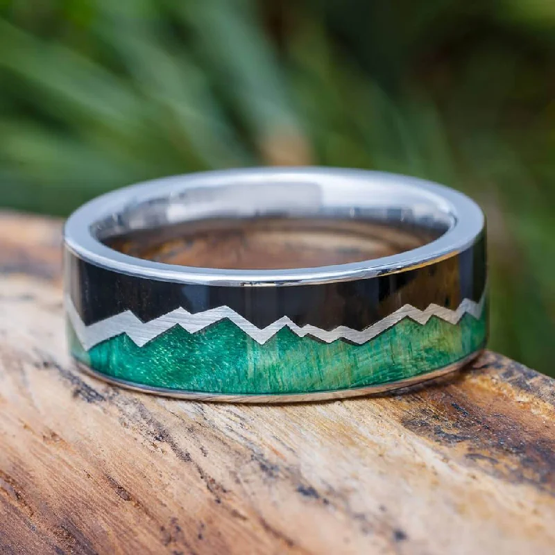 engagement rings with mixed metals -Silver Mountain Range Wedding Band with Green Burl and Ebony Wood