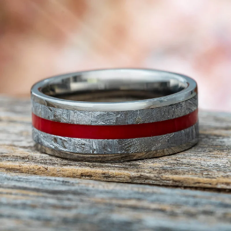 engagement rings with nature-inspired stones -Men's Meteorite Ring With Red Enamel Pinstripe, Titanium Wedding Band