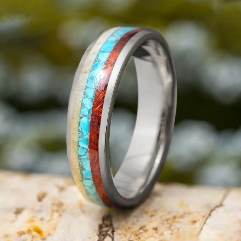 engagement rings diamond -Turquoise, Deer Antler And Wood Wedding Band