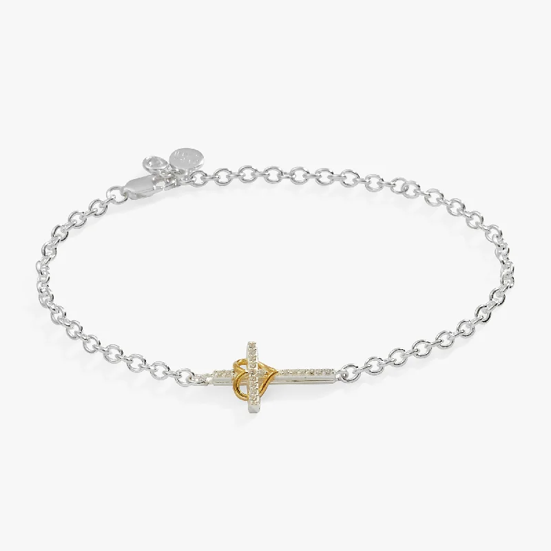 women's bracelets diamond -Cross And Heart Bracelet, Sterling Silver