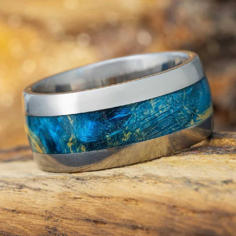 engagement rings platinum -Blue Box Elder Burl Wood Ring, Titanium Wedding Band