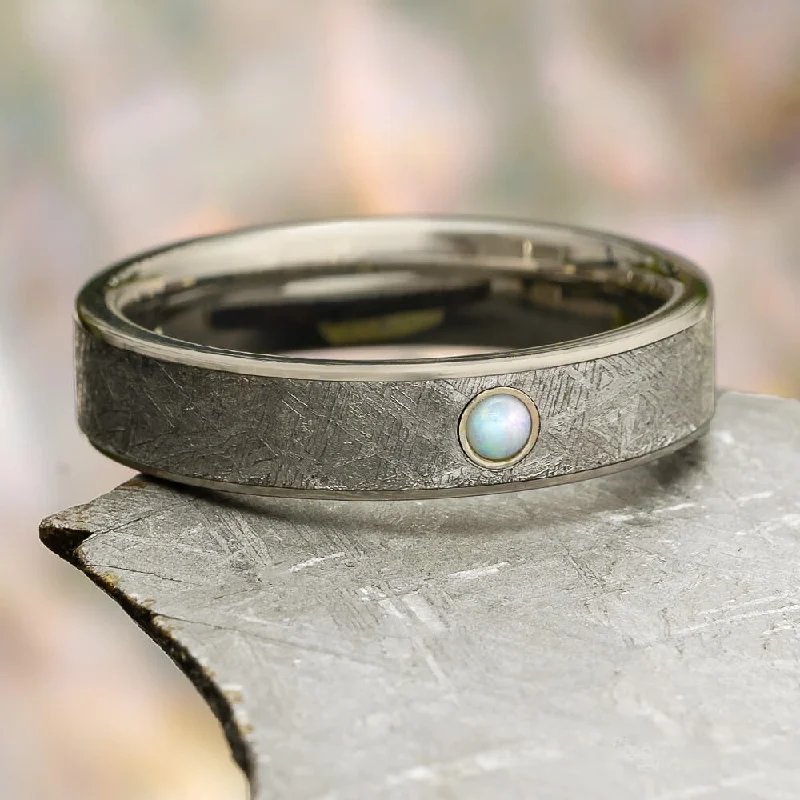 engagement rings with floral-inspired stones -Meteorite Wedding Band in Titanium with Opal Gemstone