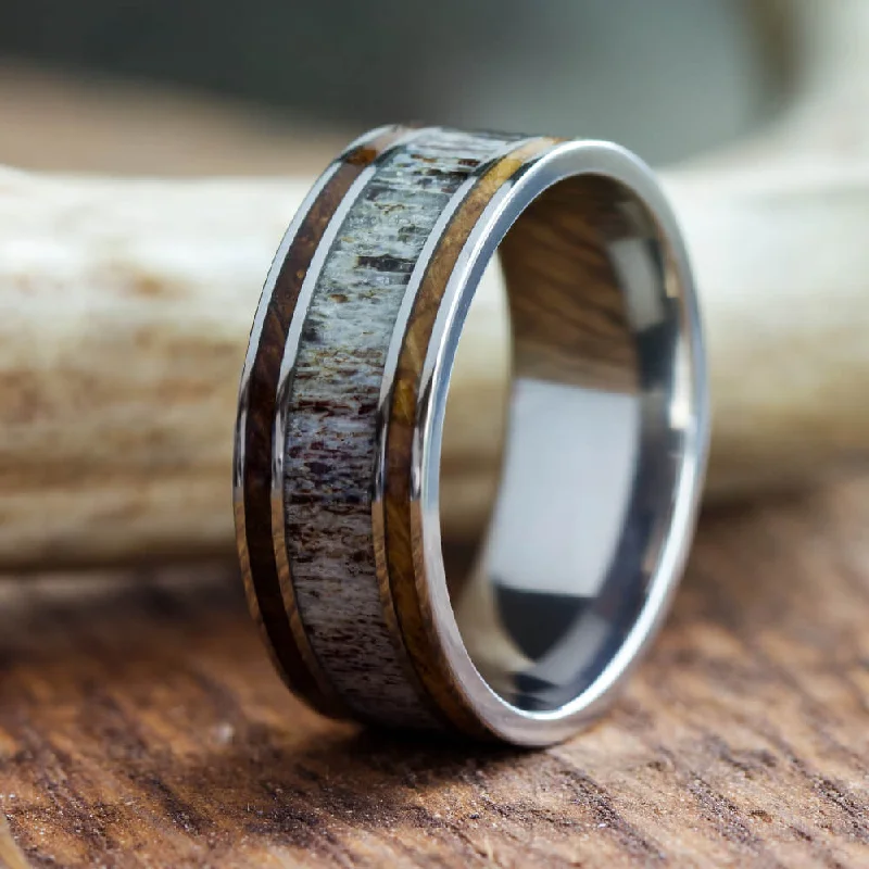 engagement rings with timeless design -Whiskey Barrel Wood and Antler Men's Wedding Band