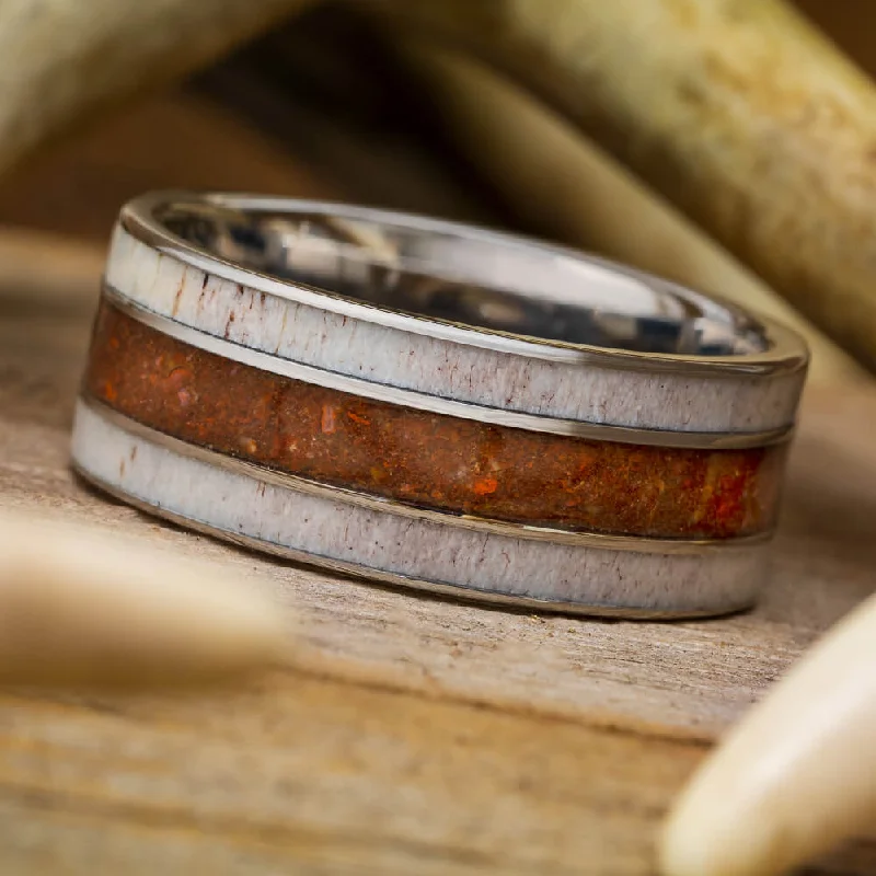 engagement rings with contemporary touch -Thick Wedding Band With Dinosaur Bone And Deer Antler