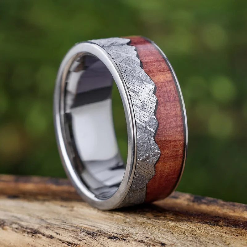 engagement rings for couples -Mountain Wedding Band with Cedar Wood & Meteorite