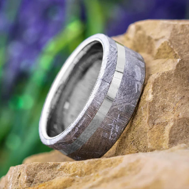 engagement rings for women -Men's Meteorite Wedding Band with Titanium Pinstripe