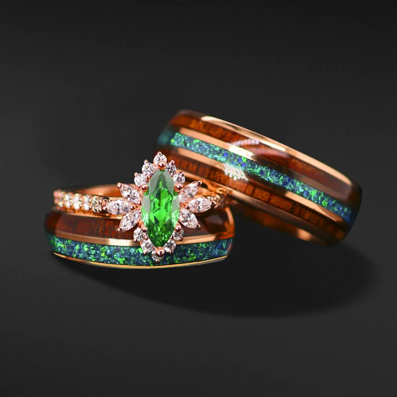 engagement rings with nature-inspired stones -EMERALD FOREST - Lab Emerald and 1/2 CTW Natural Diamonds, Opal & Wood | 14K Gold & Tungsten Wedding Ring Set | Made to Order