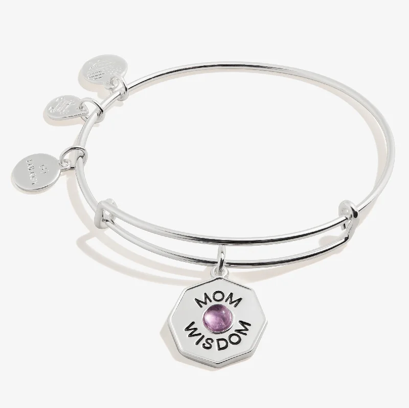 women's bracelets with small stones -'Mom, Wisdom' Amethyst Charm Bangle Bracelet