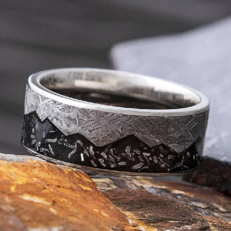 engagement rings for proposal -Black Stardust™ Wedding Band with Meteorite Mountain Design