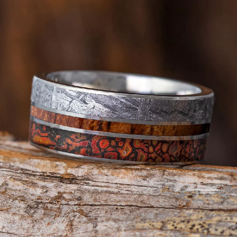 engagement rings for extravagant proposals -Meteorite Wedding Band With Dinosaur Bone