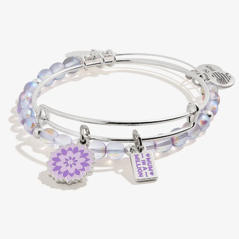 women's bracelets with vintage appeal -'Mum in a Million' Purple Flower Duo Charm Bangle, Set of 2