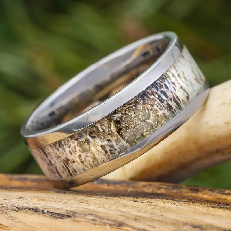 engagement rings with asymmetrical band -Custom Men's Wedding Band With Deer Antler Inlay